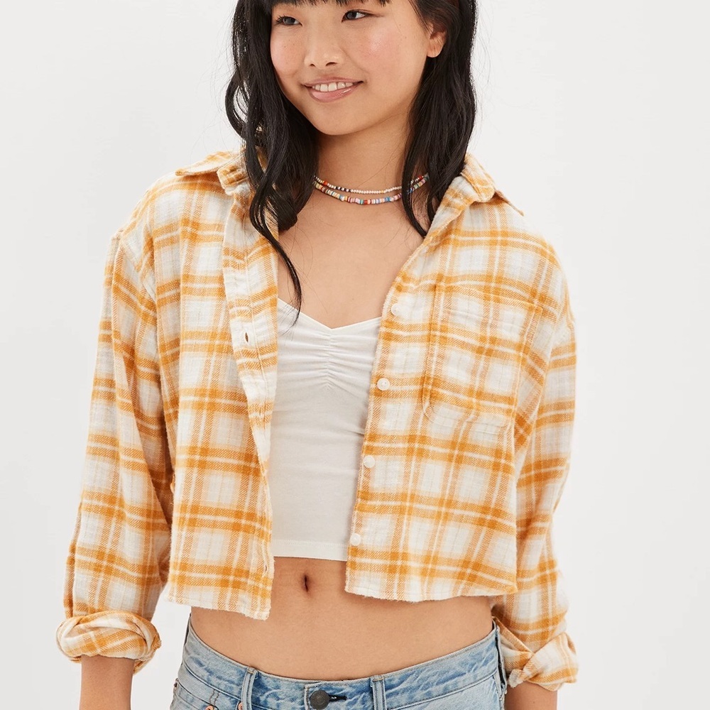 American Eagle Yellow & White Plaid Flannel Crop Button Up Long Sleeve Top Small